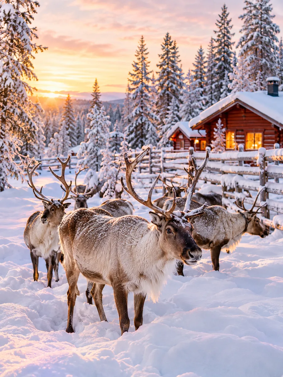 A small herd of reindeer in deep snow by a wooden fence and a red log cabin in soft winter light